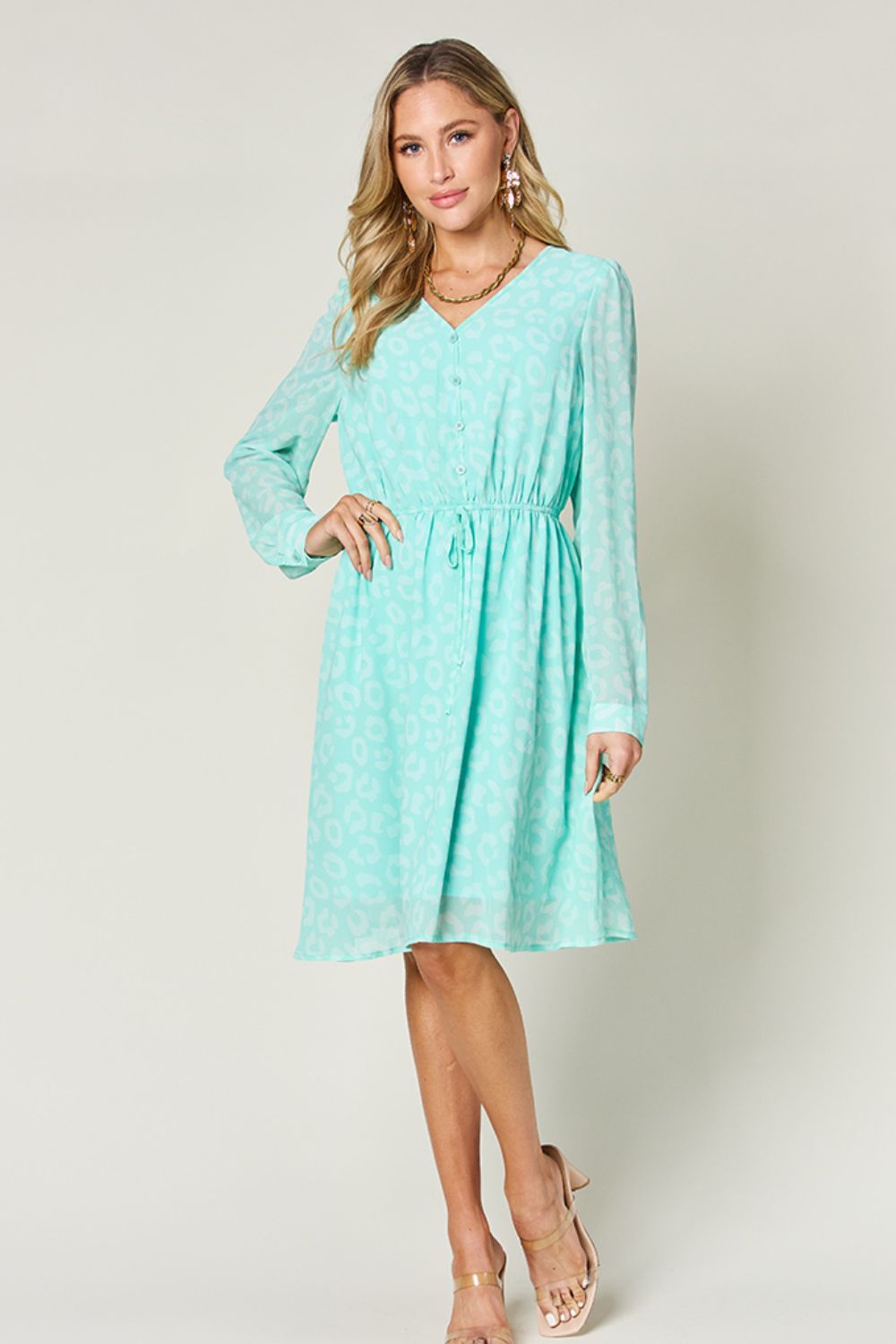 Double Take Full Size Printed Ruched V-Neck Long Sleeve Dress - Concordia Style Boutique