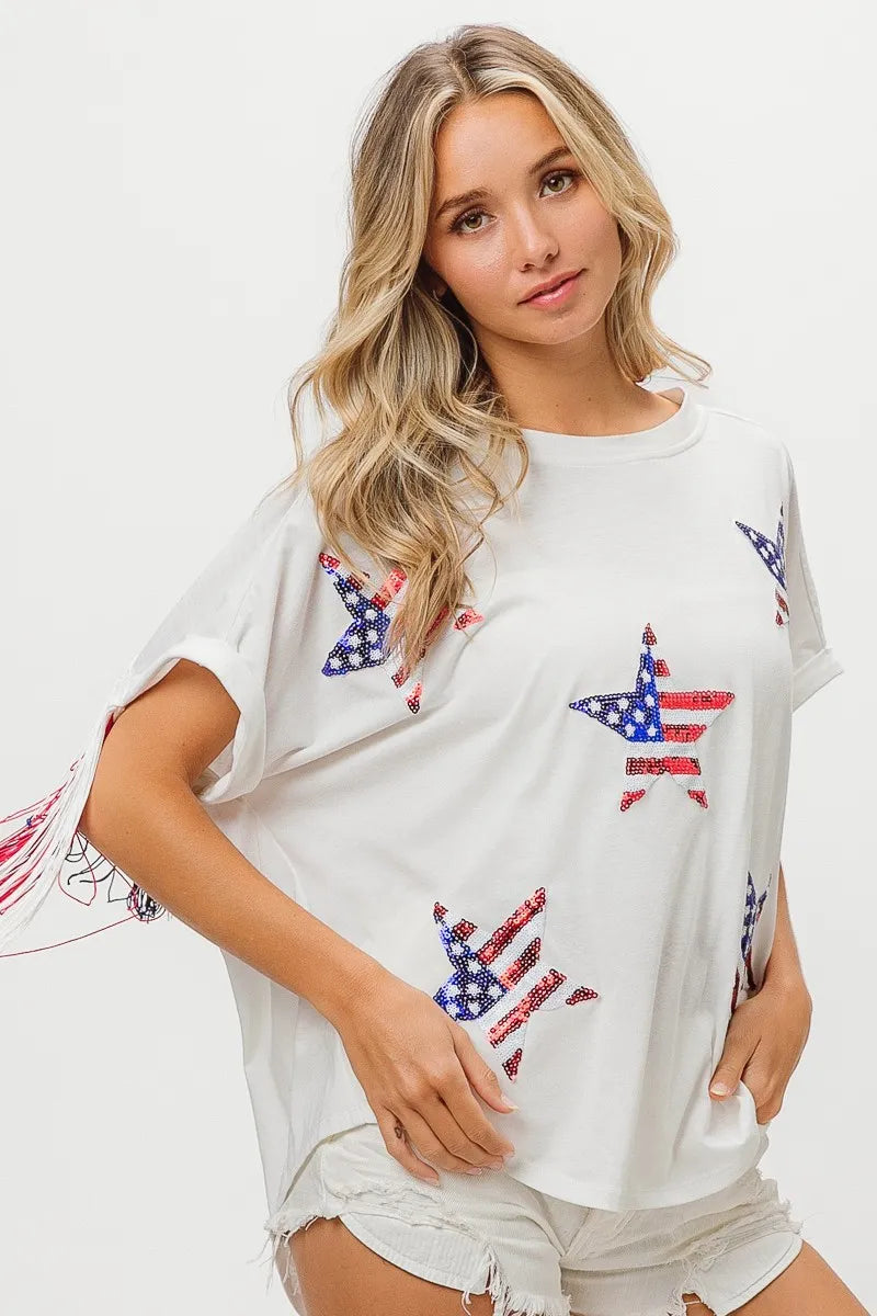 BiBi American Flag Sequin Star Fringe Top
