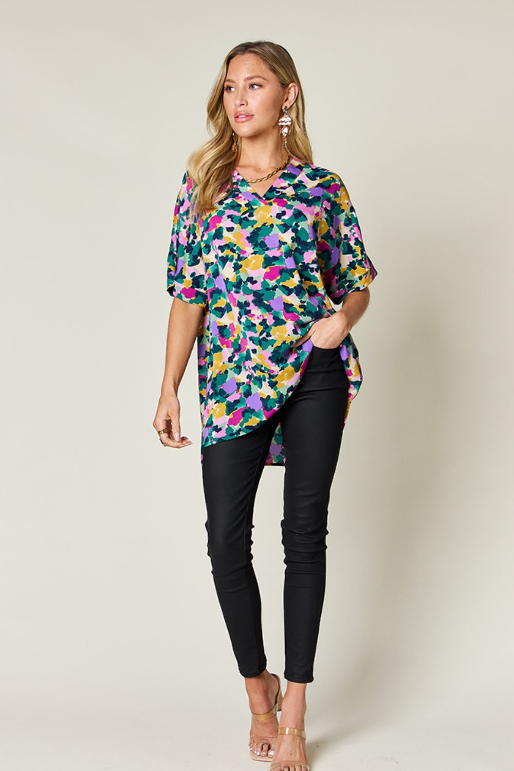 Double Take Full Size Printed V-Neck Short Sleeve Blouse - Concordia Style Boutique
