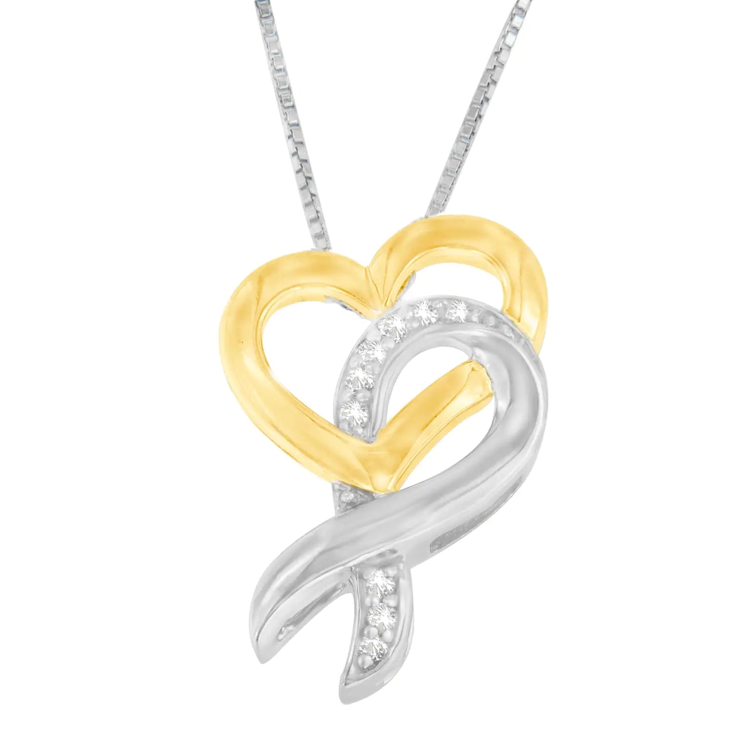 10K Yellow Gold and .925 Sterling Silver 1/20 cttw Diamond Ribbon-Heart Pendant Necklace (H-I, I1-I2) - Concordia Style Boutique
