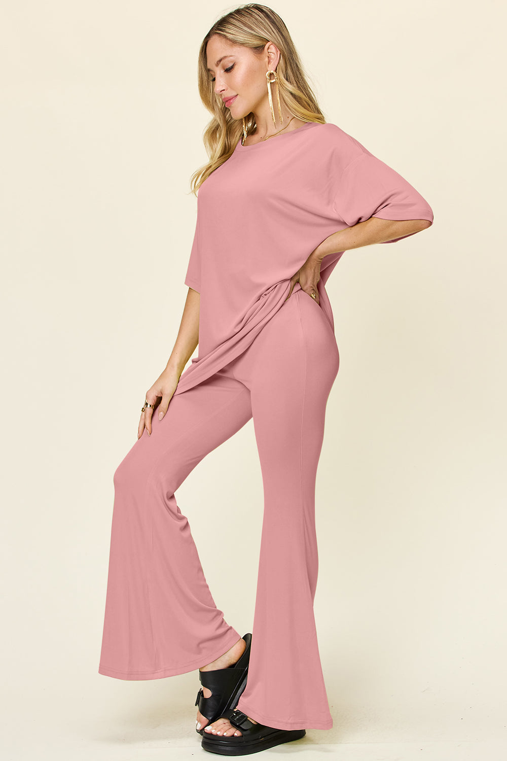 Double Take Full Size Round Neck Drop Shoulder T-Shirt and Flare Pants Set - Concordia Style Boutique