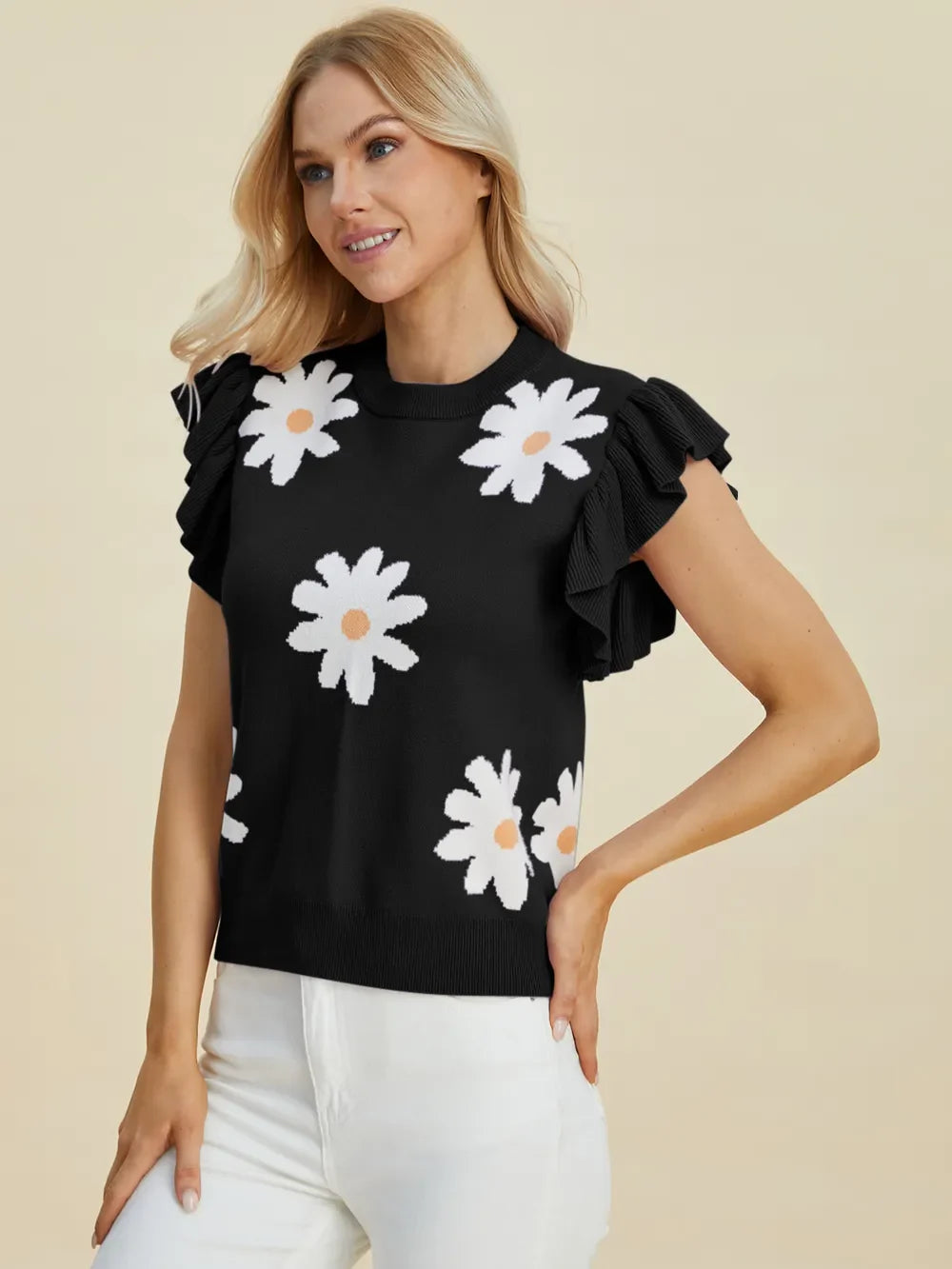 Double Take Full Size Ruffled Flower Round Neck Cap Sleeve Sweater - Concordia Style Boutique