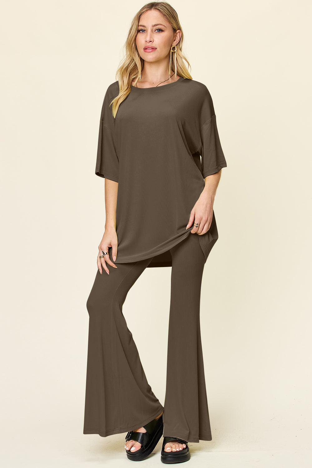 Double Take Full Size Round Neck Drop Shoulder T-Shirt and Flare Pants Set - Concordia Style Boutique