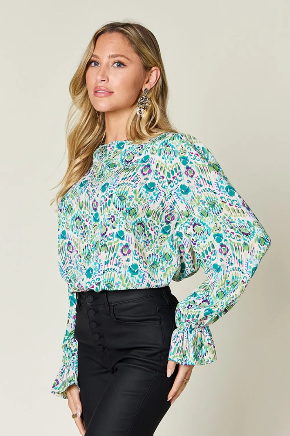 Double Take Full Size Printed Flounce Sleeve Blouse - Concordia Style Boutique
