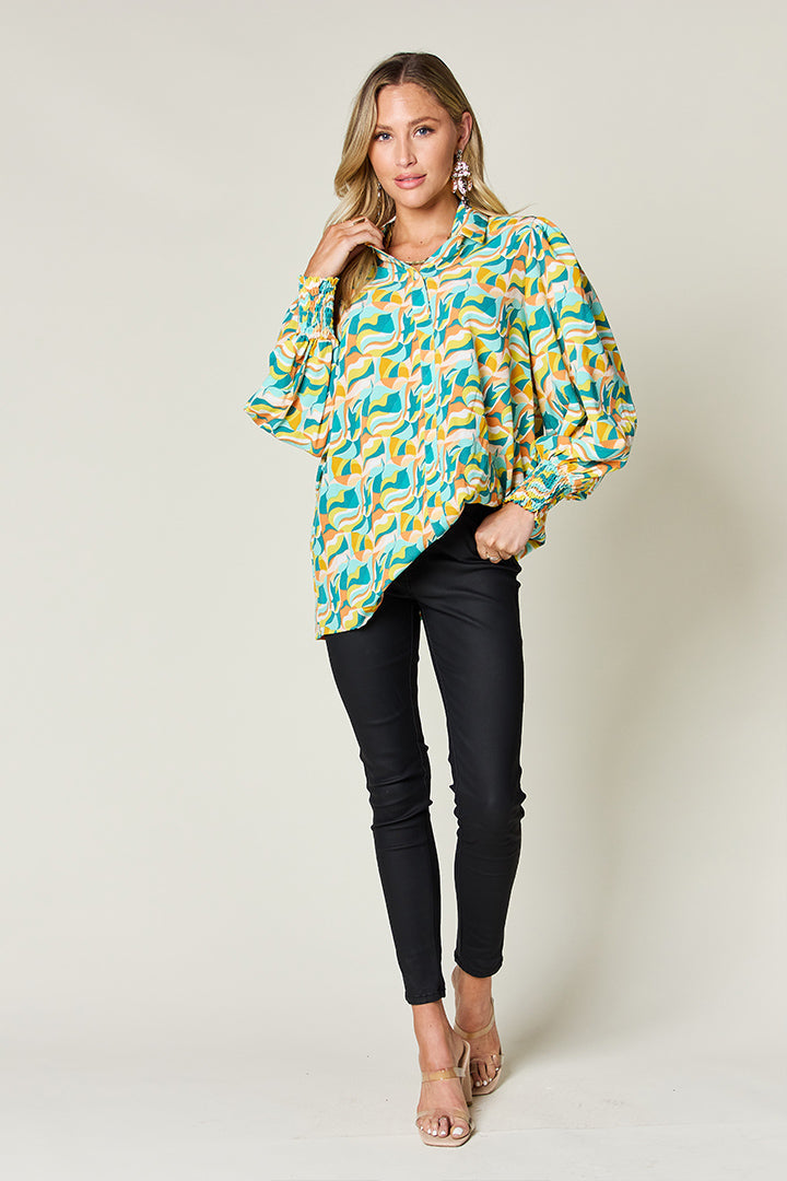 Double Take Full Size Printed Smocked Long Sleeve Blouse - Concordia Style Boutique
