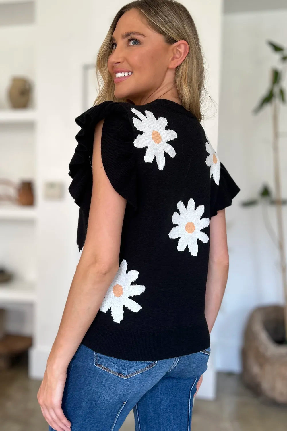 Double Take Full Size Ruffled Flower Round Neck Cap Sleeve Sweater - Concordia Style Boutique