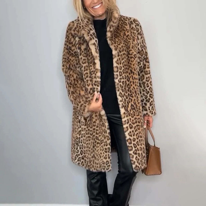 Leopard Print Plush Jacket — Cozy Loose-Fit Mid-Length Outwear