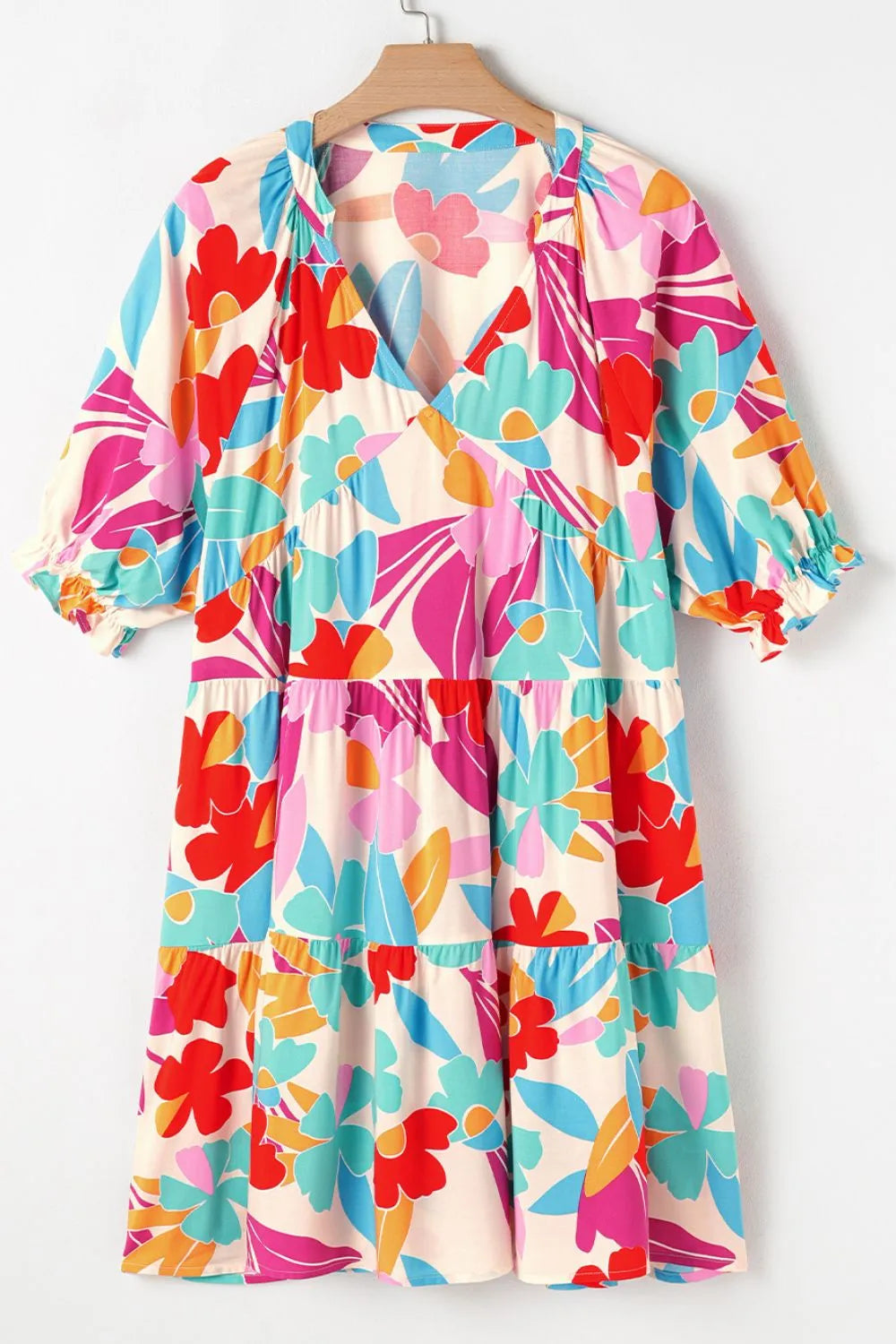 Floral Bubble Sleeve V Neck Tiered Ruffle Babydoll Dress - Concordia Style Boutique