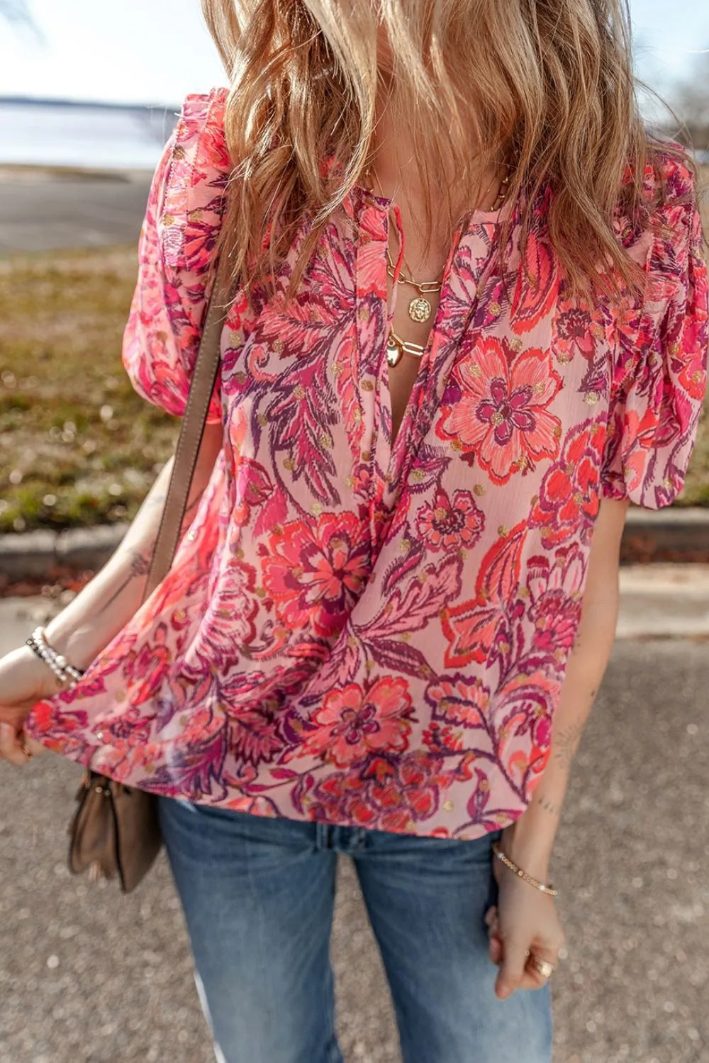 Floral Print Ruffled Puff Short Sleeve Blouse - Concordia Style Boutique