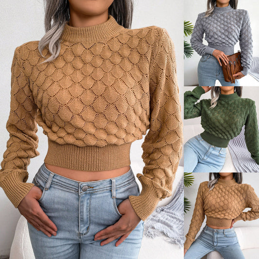 3D Diamond Long Sleeve Cropped Knit Sweater