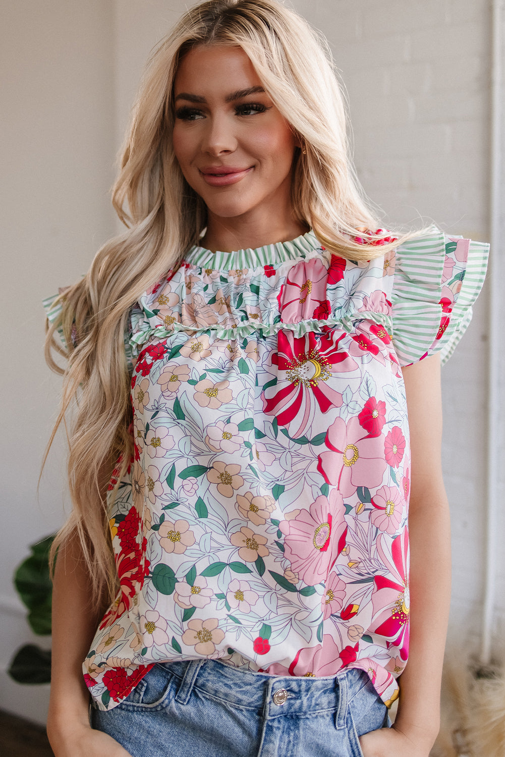 Anne Floral Ruffle Trim Short Sleeve Blouse - Concordia Style Boutique