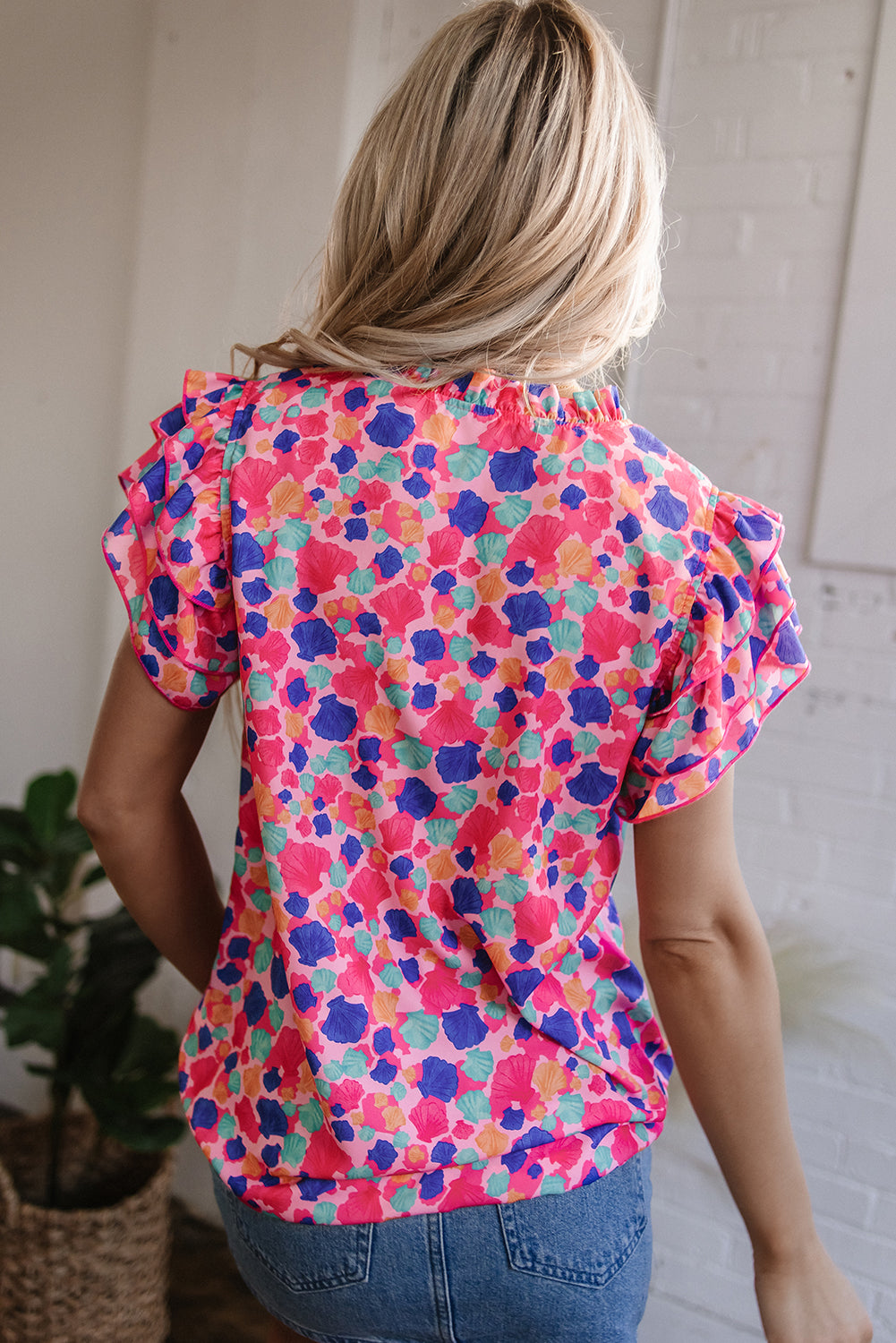 Arlet Abstract Ruffled Sleeve V Neck Blouse - Concordia Style Boutique