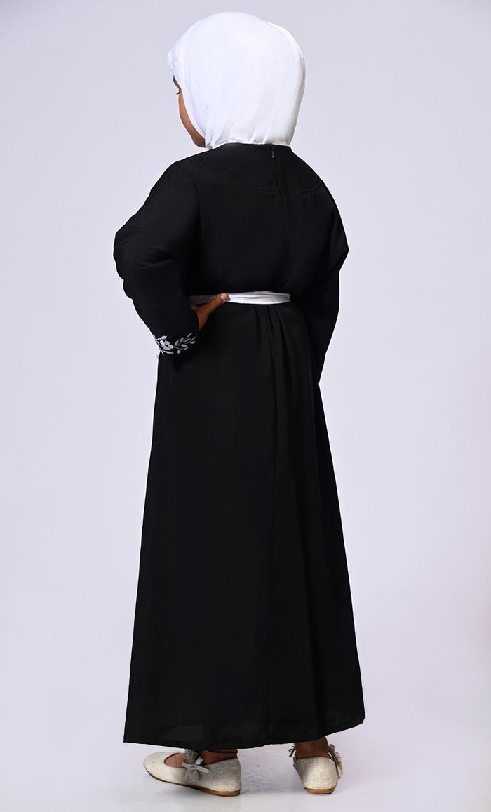 Elegant Ensemble: Girls' Black Double Layered Embroidered Abaya with Belt