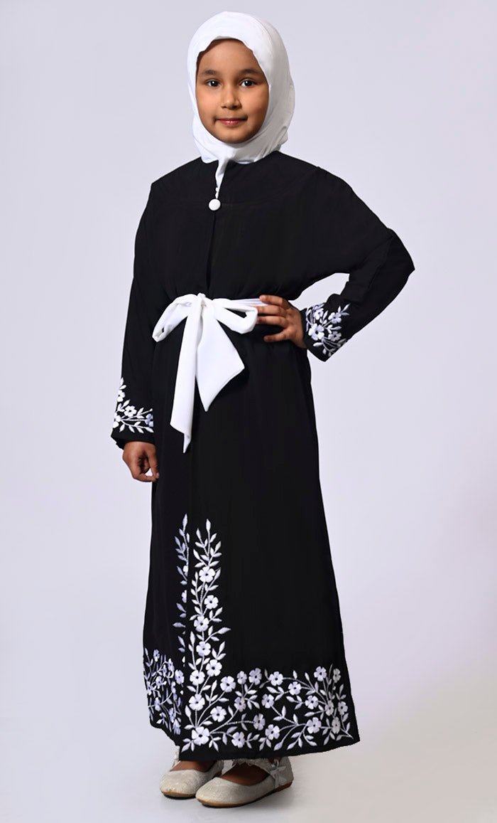Elegant Ensemble: Girls' Black Double Layered Embroidered Abaya with Belt