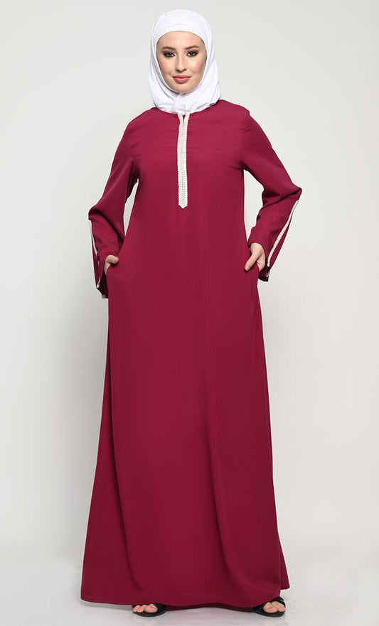 Elegant Nida Fabric A-Style Abaya with Contrast Stripes