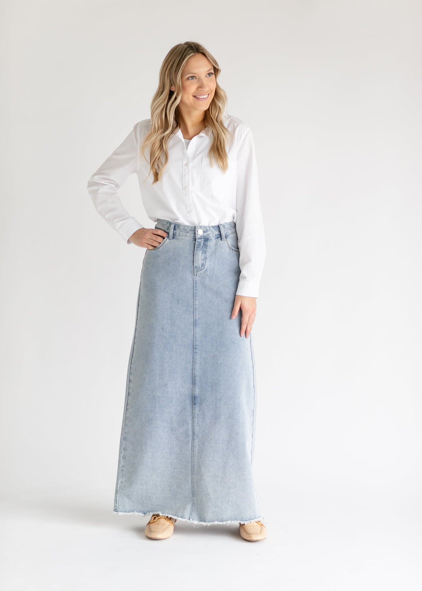 Elisha Light Wash Long Denim Skirt - Concordia Style Boutique