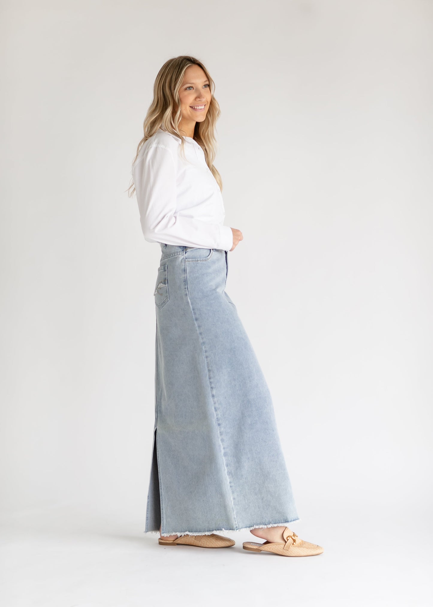 Elisha Light Wash Long Denim Skirt - Concordia Style Boutique