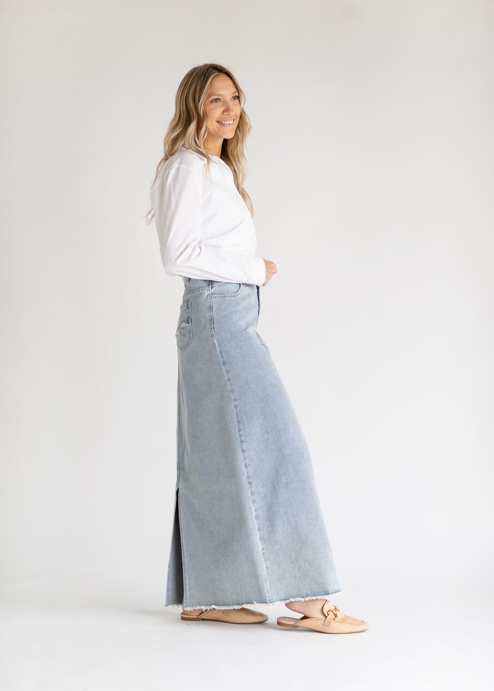 Elisha Light Wash Long Denim Skirt - Concordia Style Boutique