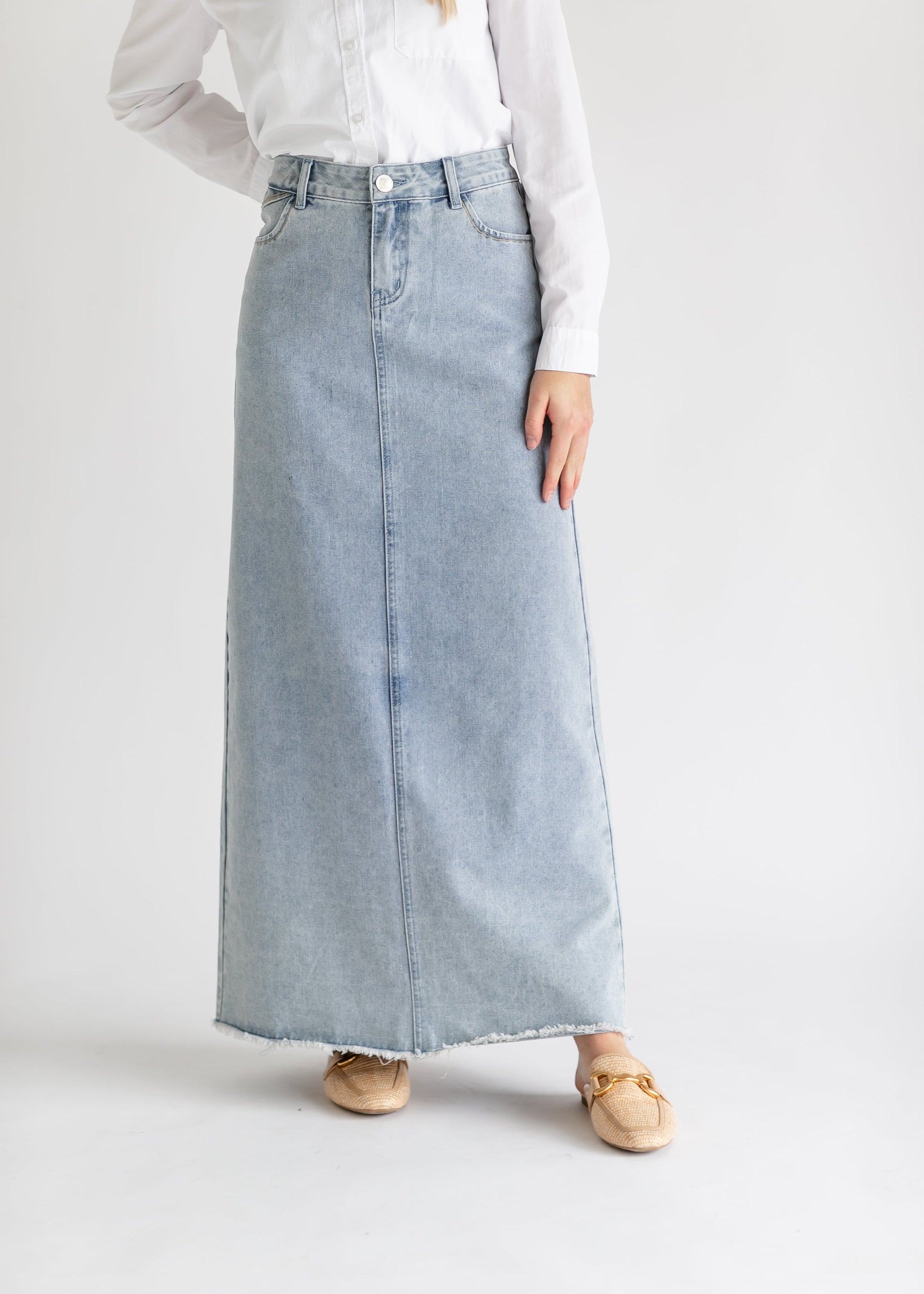 Elisha Light Wash Long Denim Skirt - Concordia Style Boutique