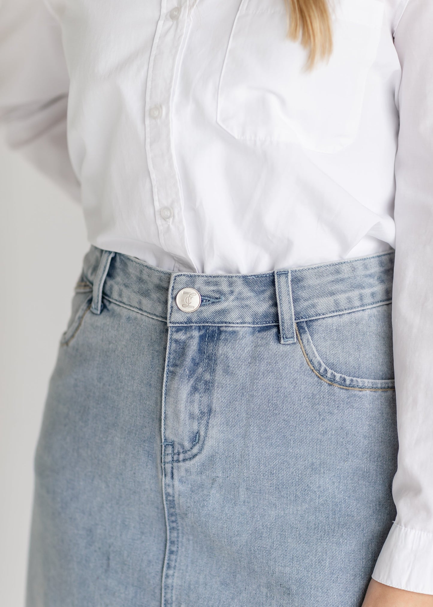 Elisha Light Wash Long Denim Skirt - Concordia Style Boutique