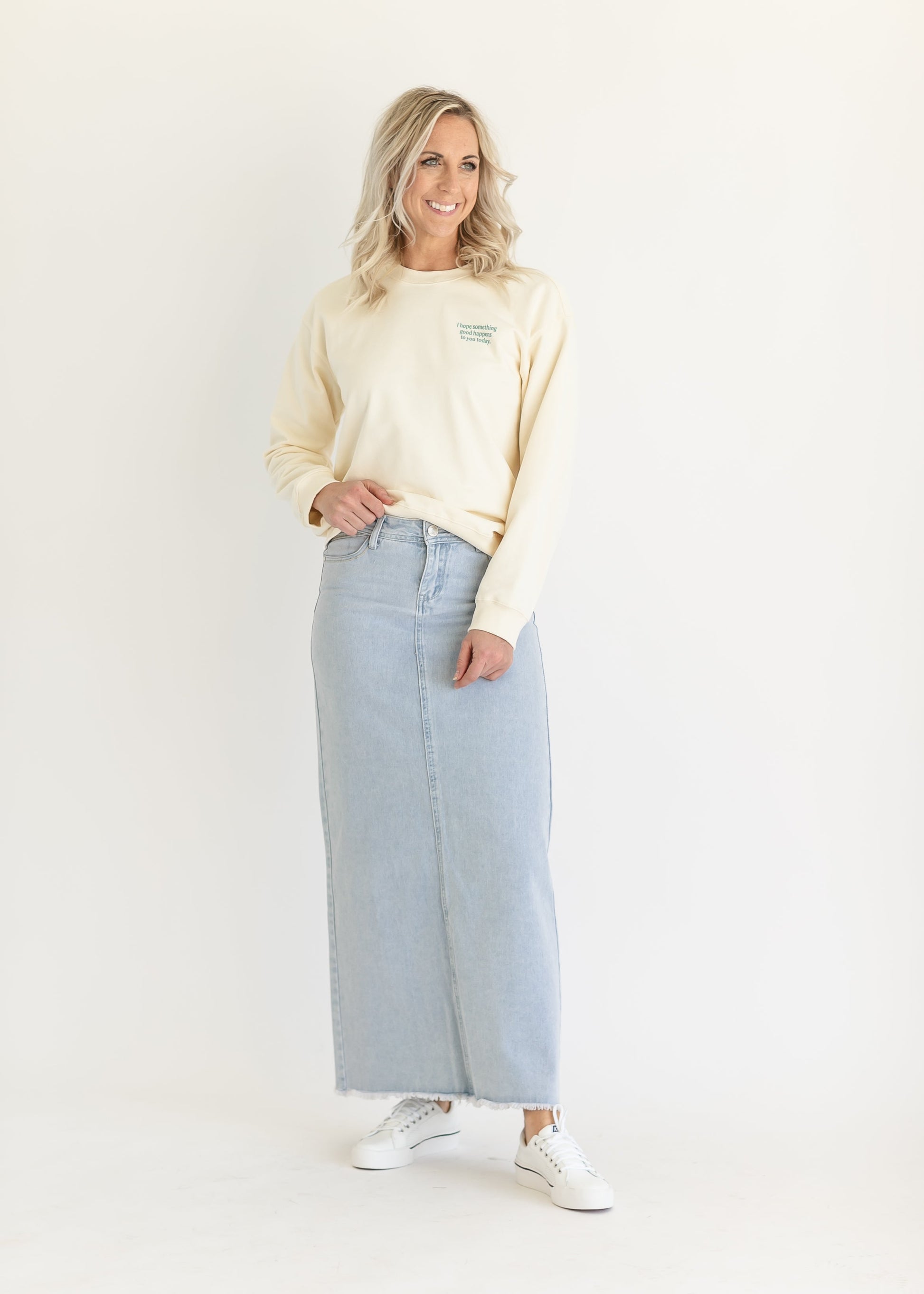 Elisha Light Wash Long Denim Skirt - Concordia Style Boutique