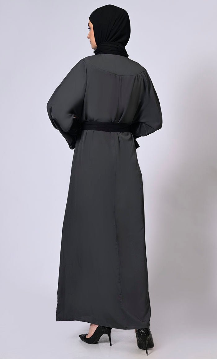 Grey Abaya with embroidered bell sleeves and hem