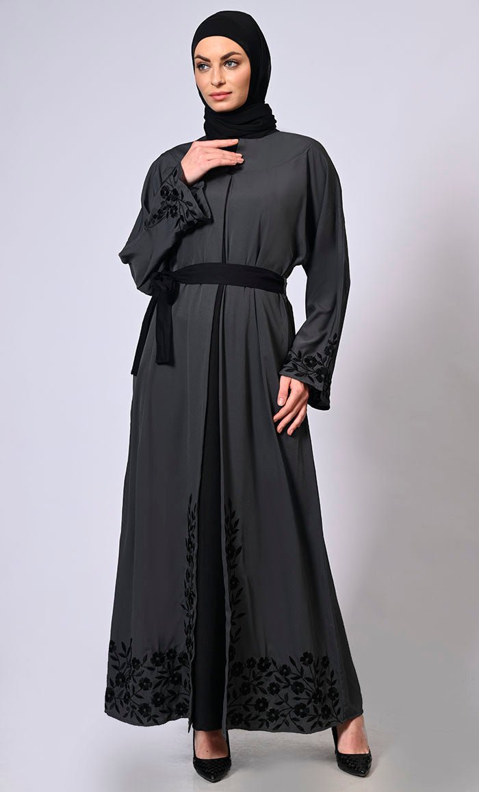 Grey Abaya with embroidered bell sleeves and hem