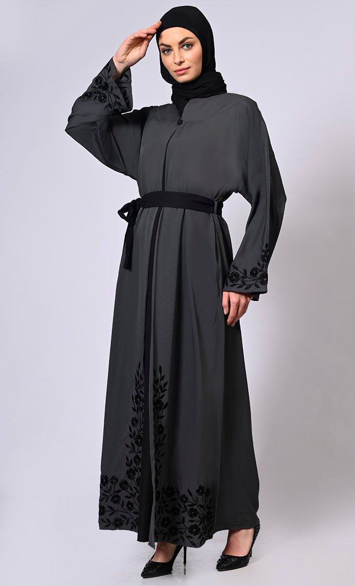 Grey Abaya with embroidered bell sleeves and hem