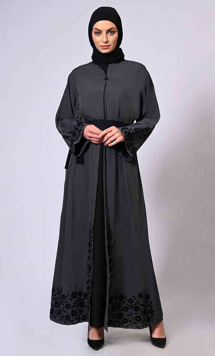Grey Abaya with embroidered bell sleeves and hem