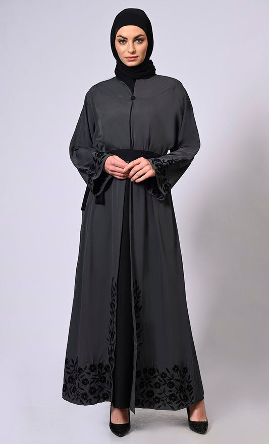 Grey Abaya with embroidered bell sleeves and hem