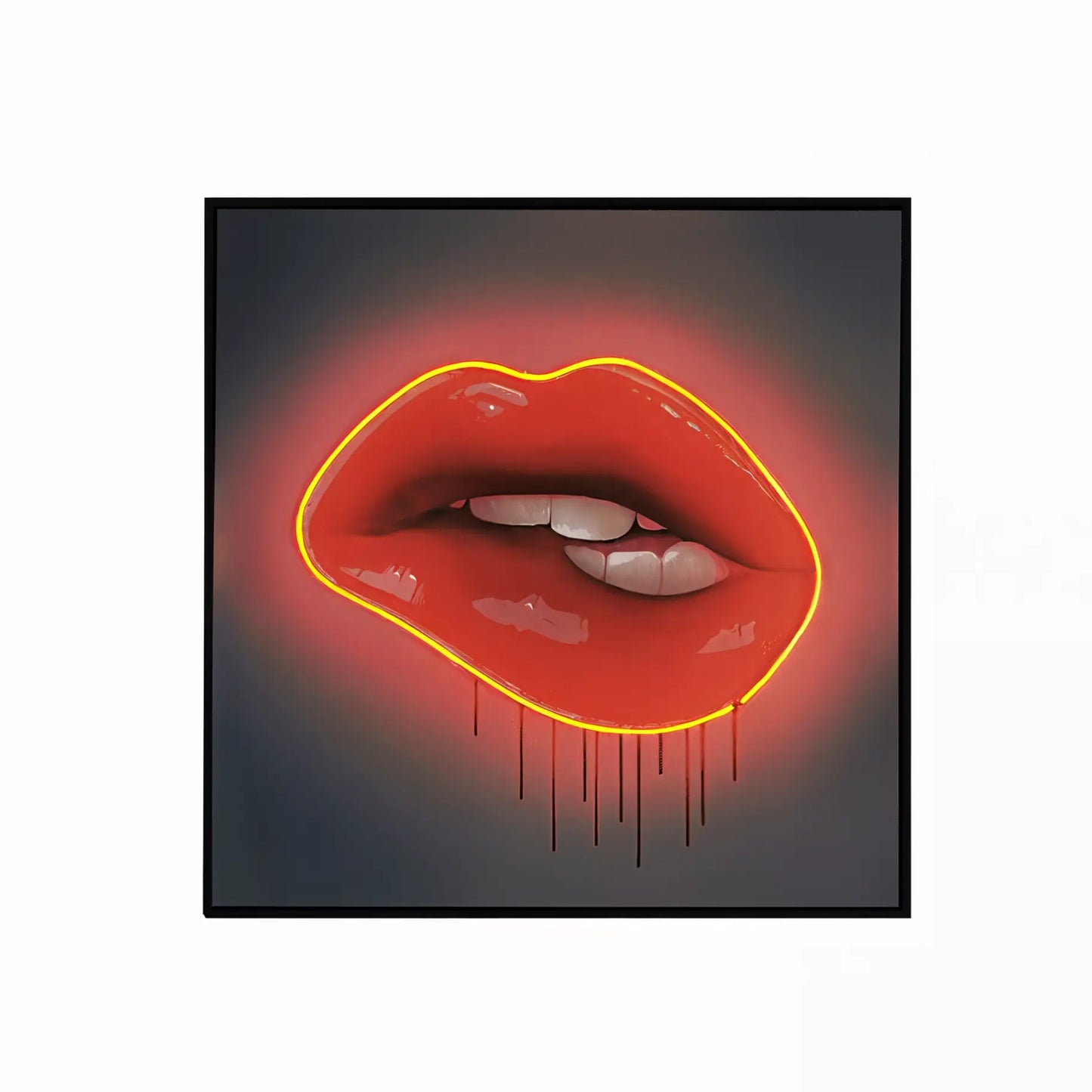 Red Lips LED Wall Art | Lip Biting Red LED Canvas with Paint Drip