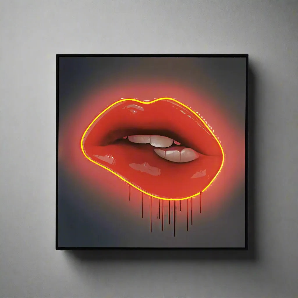 Red Lips LED Wall Art | Lip Biting Red LED Canvas with Paint Drip