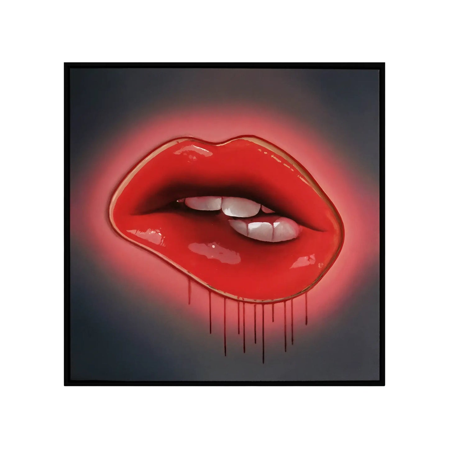 Red Lips LED Wall Art | Lip Biting Red LED Canvas with Paint Drip