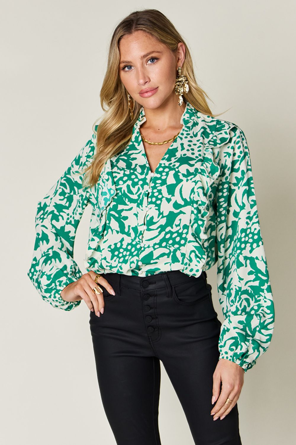 Double Take Full Size Printed Ruffle Trim Balloon Sleeve Shirt - Concordia Style Boutique