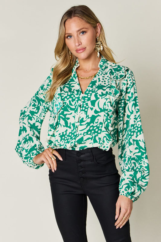 Double Take Full Size Printed Ruffle Trim Balloon Sleeve Shirt - Concordia Style Boutique
