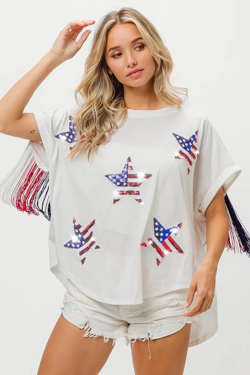 BiBi American Flag Sequin Star Fringe Top