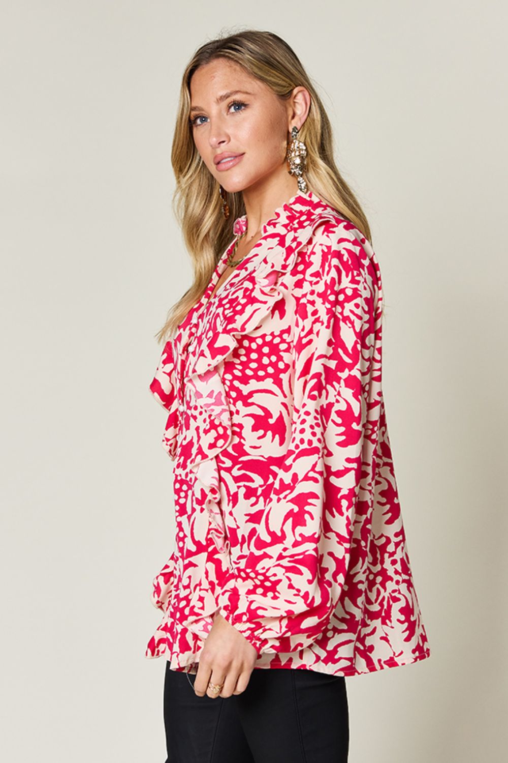 Double Take Full Size Printed Ruffle Trim Balloon Sleeve Shirt - Concordia Style Boutique