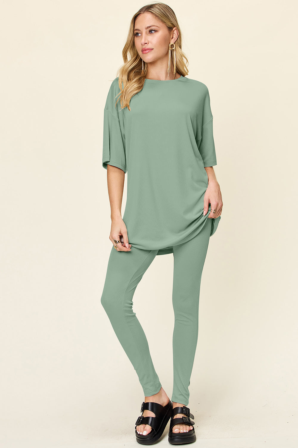 Double Take Full Size Round Neck Dropped Shoulder T-Shirt and Leggings Set - Concordia Style Boutique