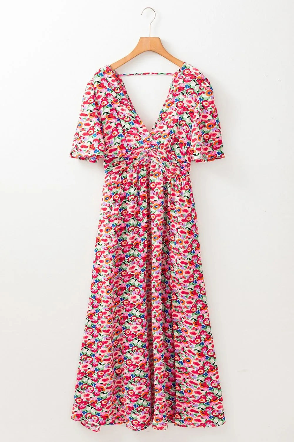 Floral Half Sleeve Deep V Neck Cutout Back Maxi Dress - Concordia Style Boutique