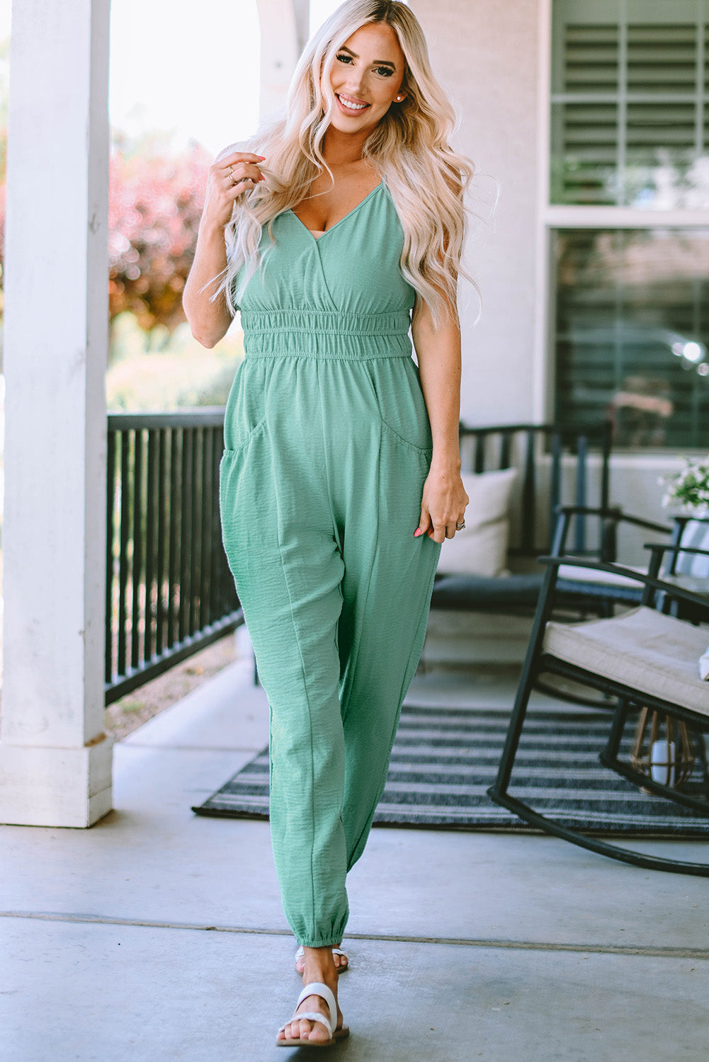 Analia Shirred High Waist Sleeveless V Neck Jumpsuit - Concordia Style Boutique