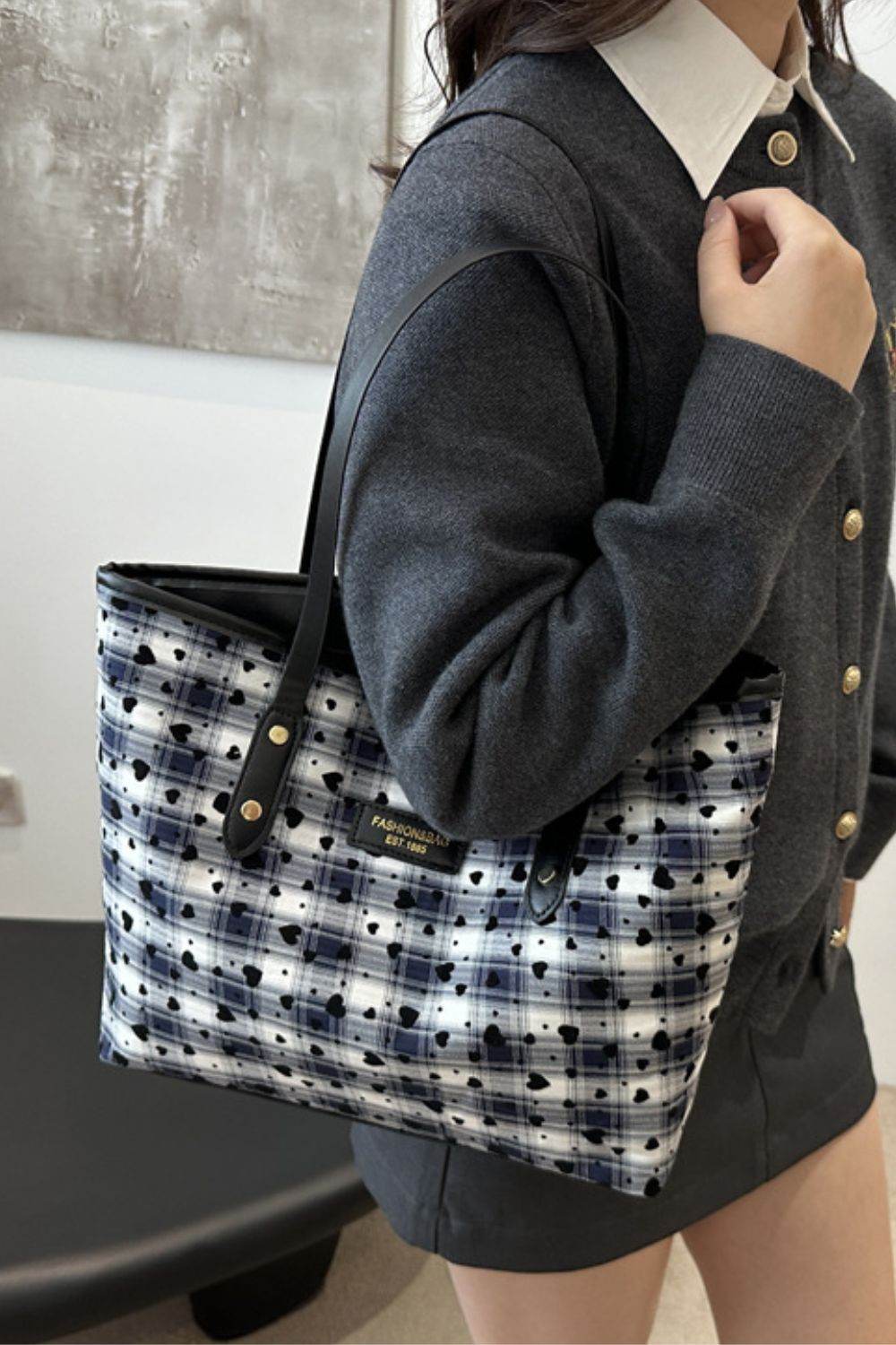 Heart Plaid PU Leather Strap Tote Bag - Concordia Style Boutique