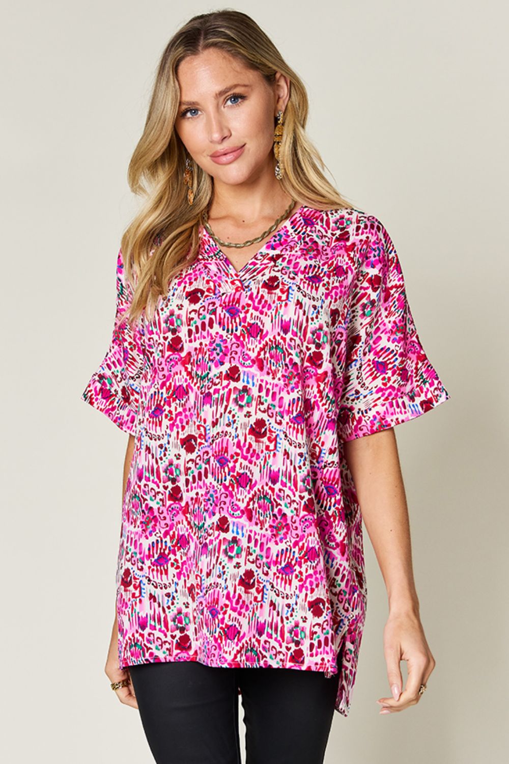 Double Take Full Size Printed V-Neck Short Sleeve Blouse - Concordia Style Boutique