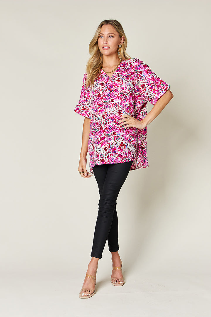 Double Take Full Size Printed V-Neck Short Sleeve Blouse - Concordia Style Boutique