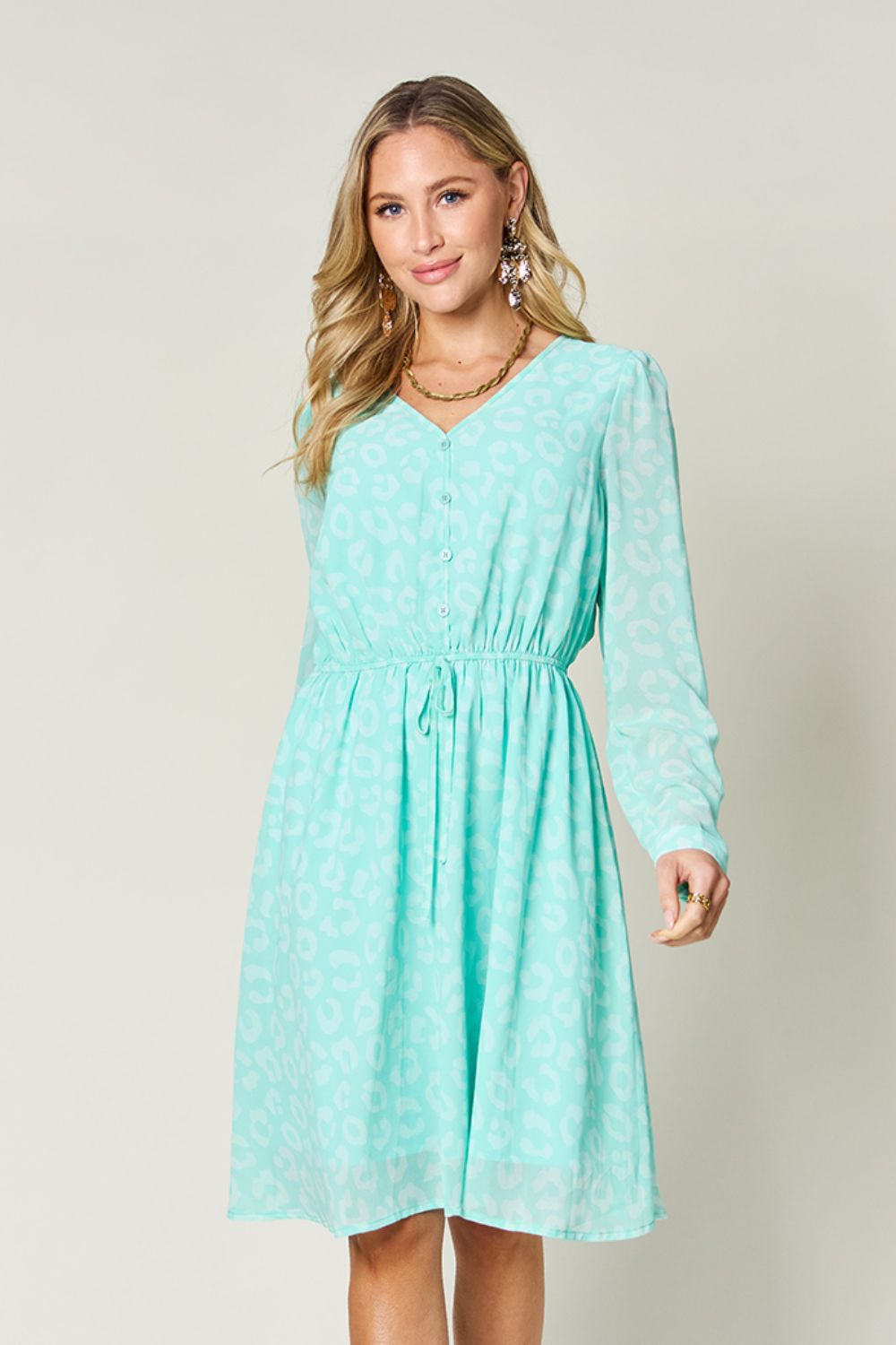 Double Take Full Size Printed Ruched V-Neck Long Sleeve Dress - Concordia Style Boutique