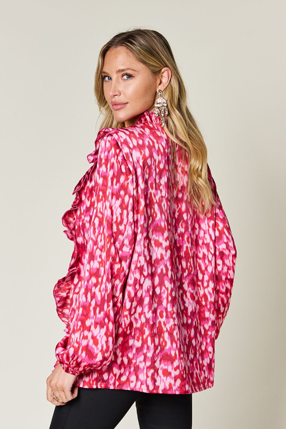 Double Take Full Size Printed Ruffle Trim Balloon Sleeve Shirt - Concordia Style Boutique