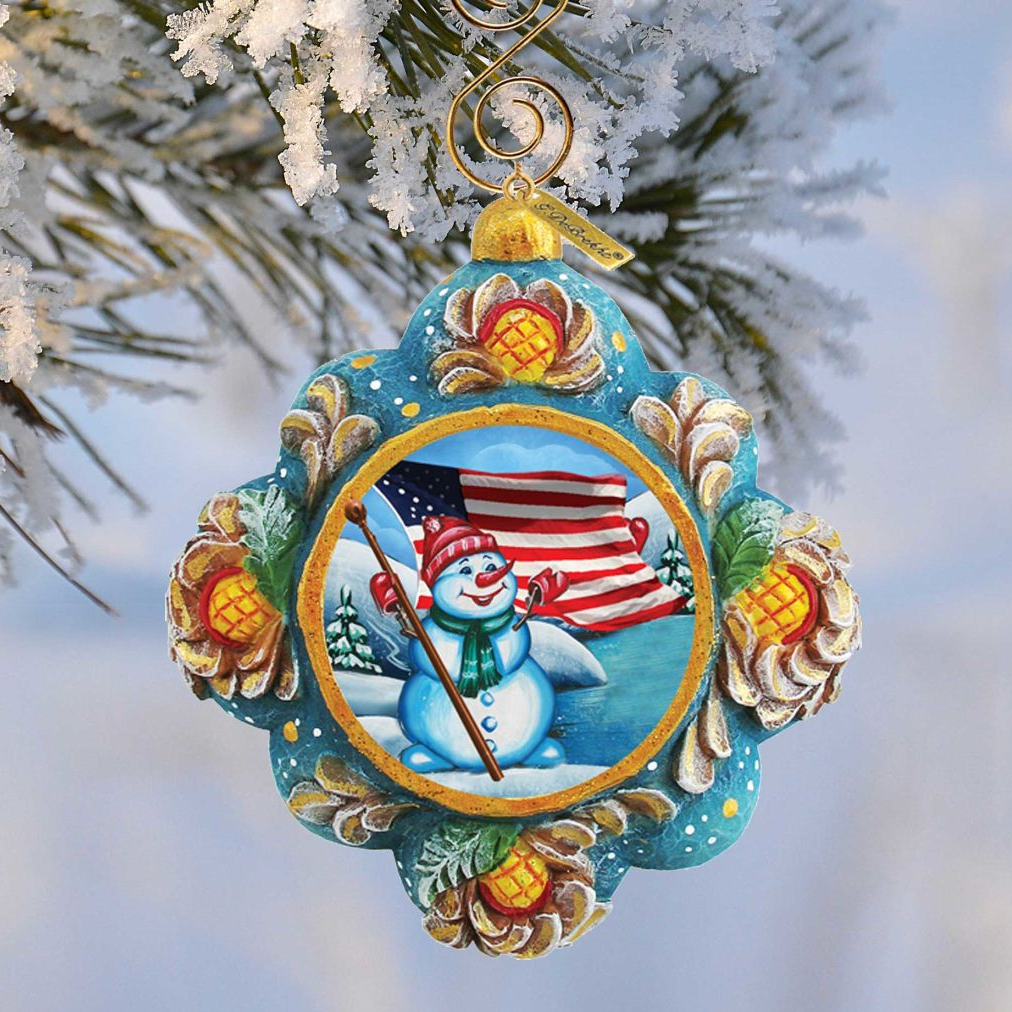 Patriotic Snowman Sculpted Hand-Painted Christmas Ornament by G. DeBrekht - American Christmas Decor - 6103404