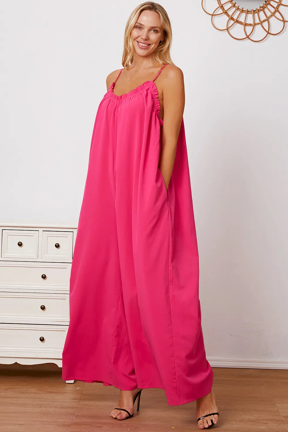 Double Take Full Size Ruffle Trim Tie Back Cami Jumpsuit with Pockets - Concordia Style Boutique