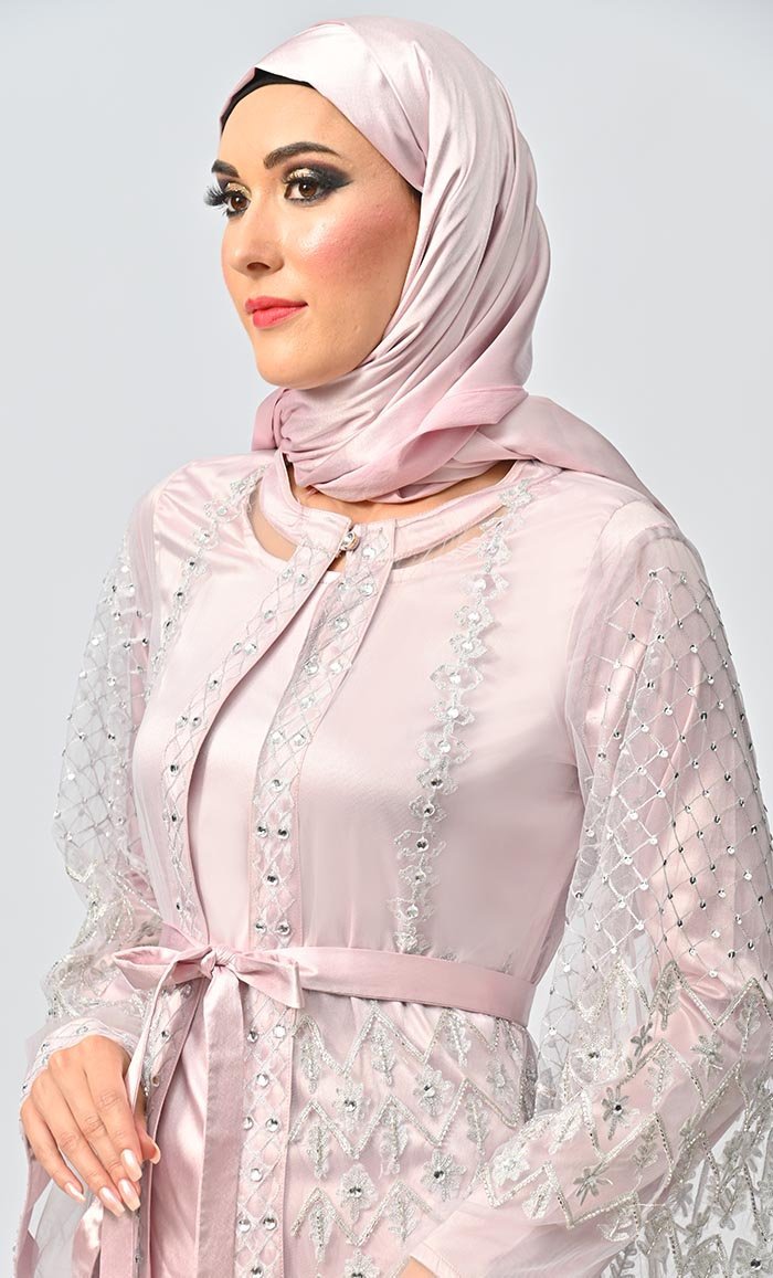 Fancy All Over Aari And Hand Work Embellished Abaya Designer Dress With Matching Hijab And Inner - Final Sale