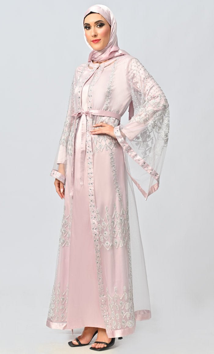 Fancy All Over Aari And Hand Work Embellished Abaya Designer Dress With Matching Hijab And Inner - Final Sale