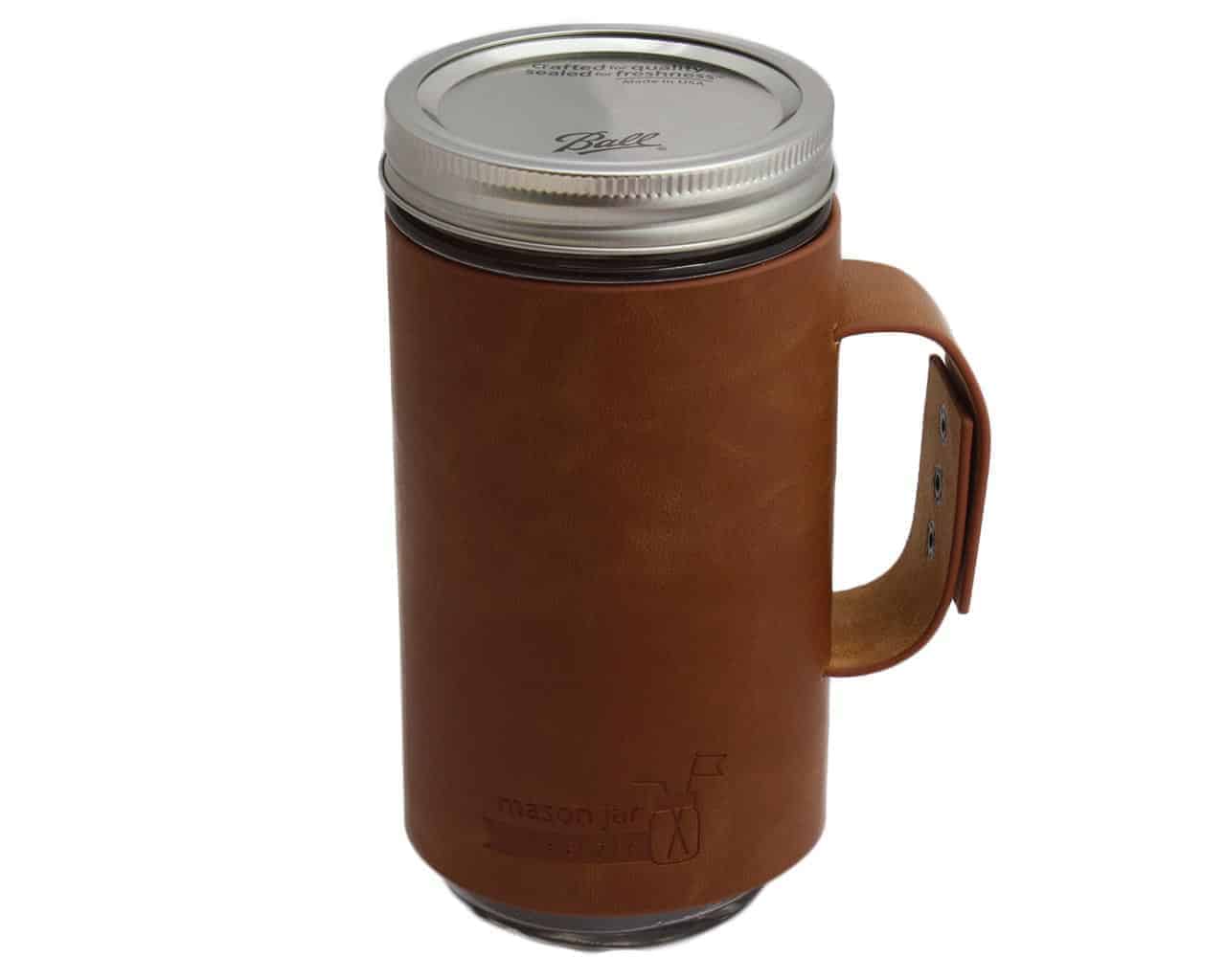 Faux Leather Sleeve with Handle / Travel Mug for Pint &amp; Half Mason Jars - Concordia Style Boutique